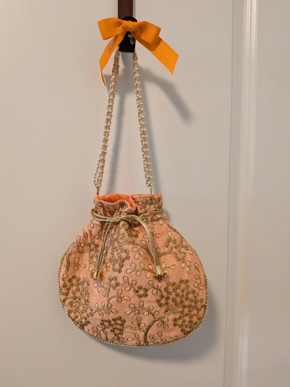 Indian Embroidered Satin Drawstring Satchel with Beaded Strap